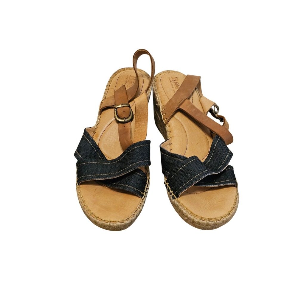 Born Womens 10 Navy Blue Denim Tan Leather Espadrille Wedge Sandals F84003 EU 42